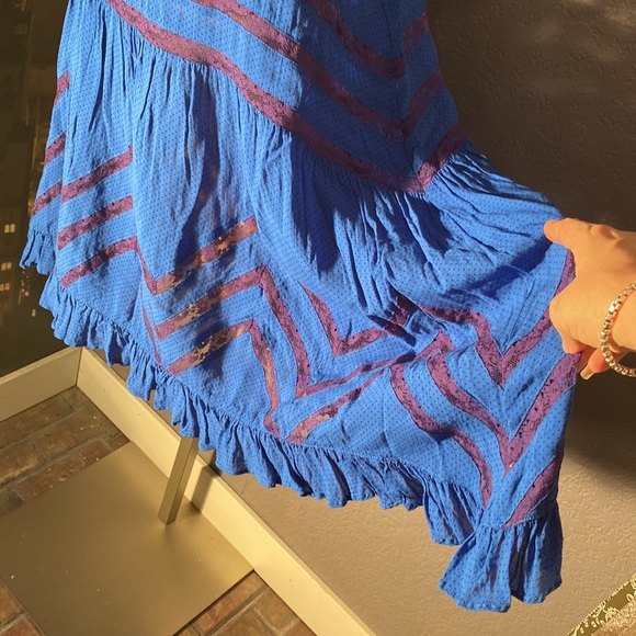 FREE PEOPLE - tunic / dress / tank: blue asymmetrical w purple lace accents - L - Picture 11 of 16